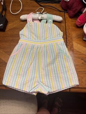 Girls Pastel Stripe Seersucker Romper Overalls